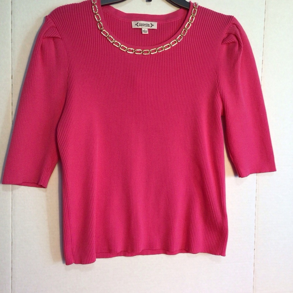 Nanette Lepore Jewel Neck Short Sleeve‎ Knit Sweater, Fuschia Rose, Large